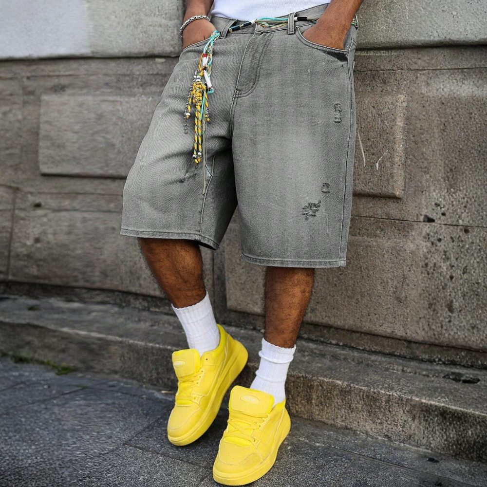 Loose Fit Vintage Washed Denim Jorts For Men