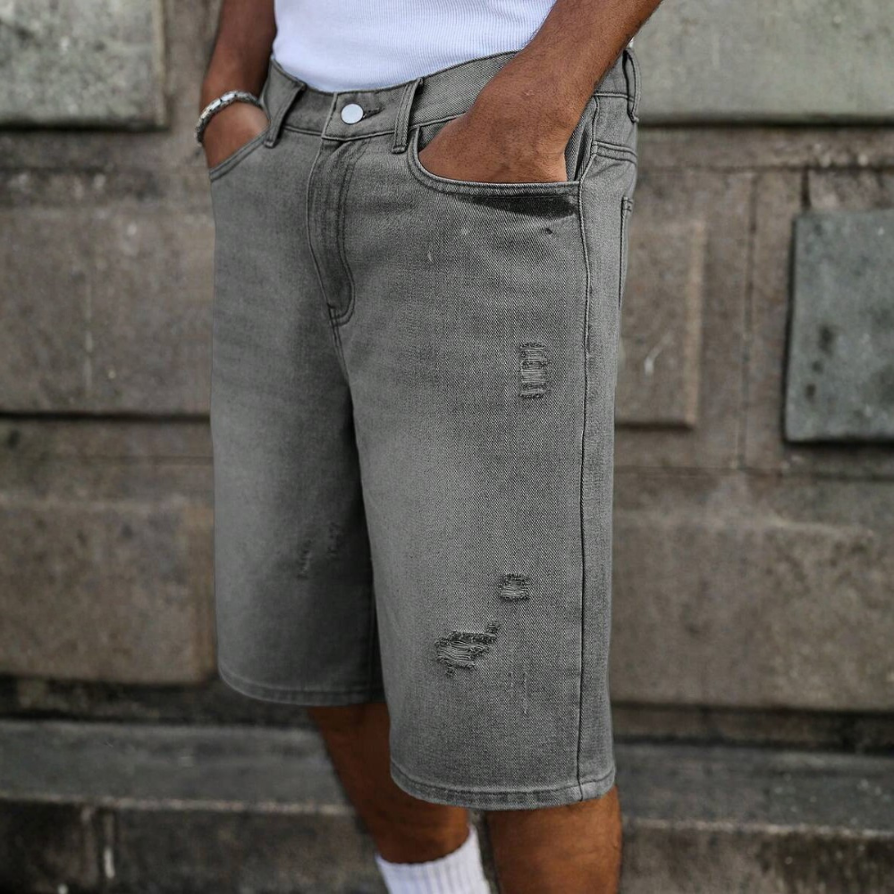 Loose Fit Vintage Washed Denim Jorts For Men