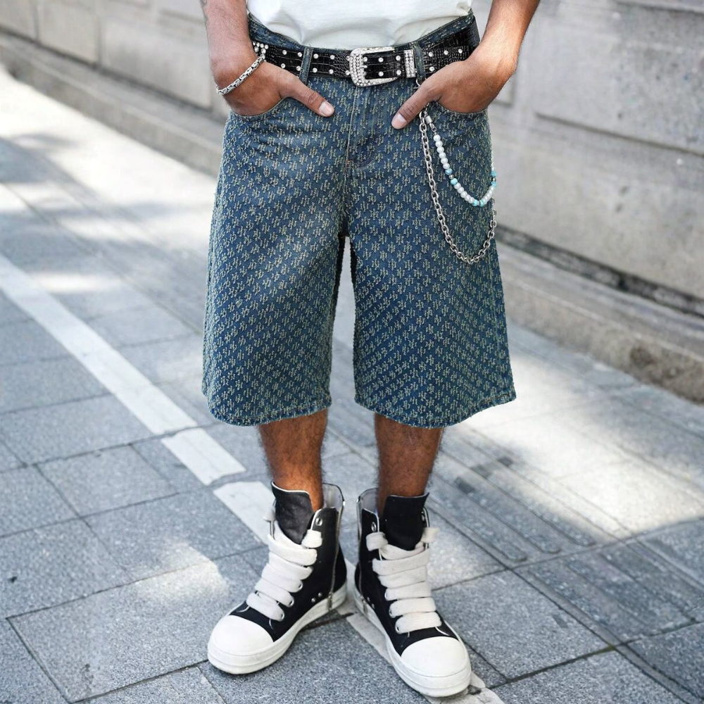 Loose Fit Vintage Washed Denim Jorts For Men