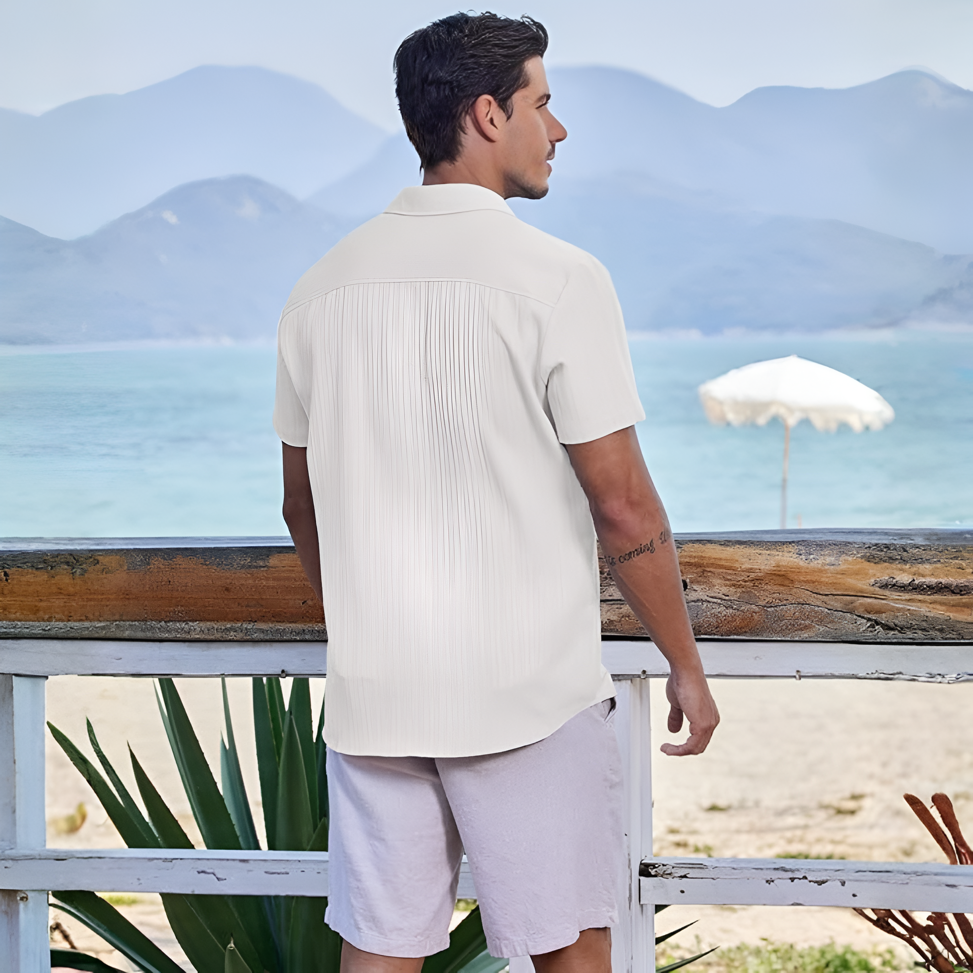 Casual Short Sleeve Textured Button Down Summer Beach Shirt For Men 