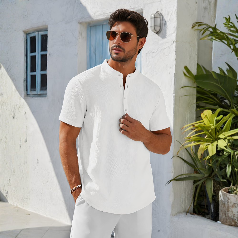 Short Sleeve Stand Collar Casual Beach Shirt For Men