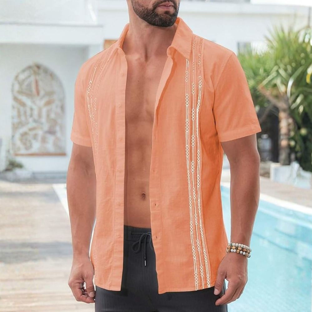 Casual Cuban Shirt With Short Sleeves And Guayabera Style For Men