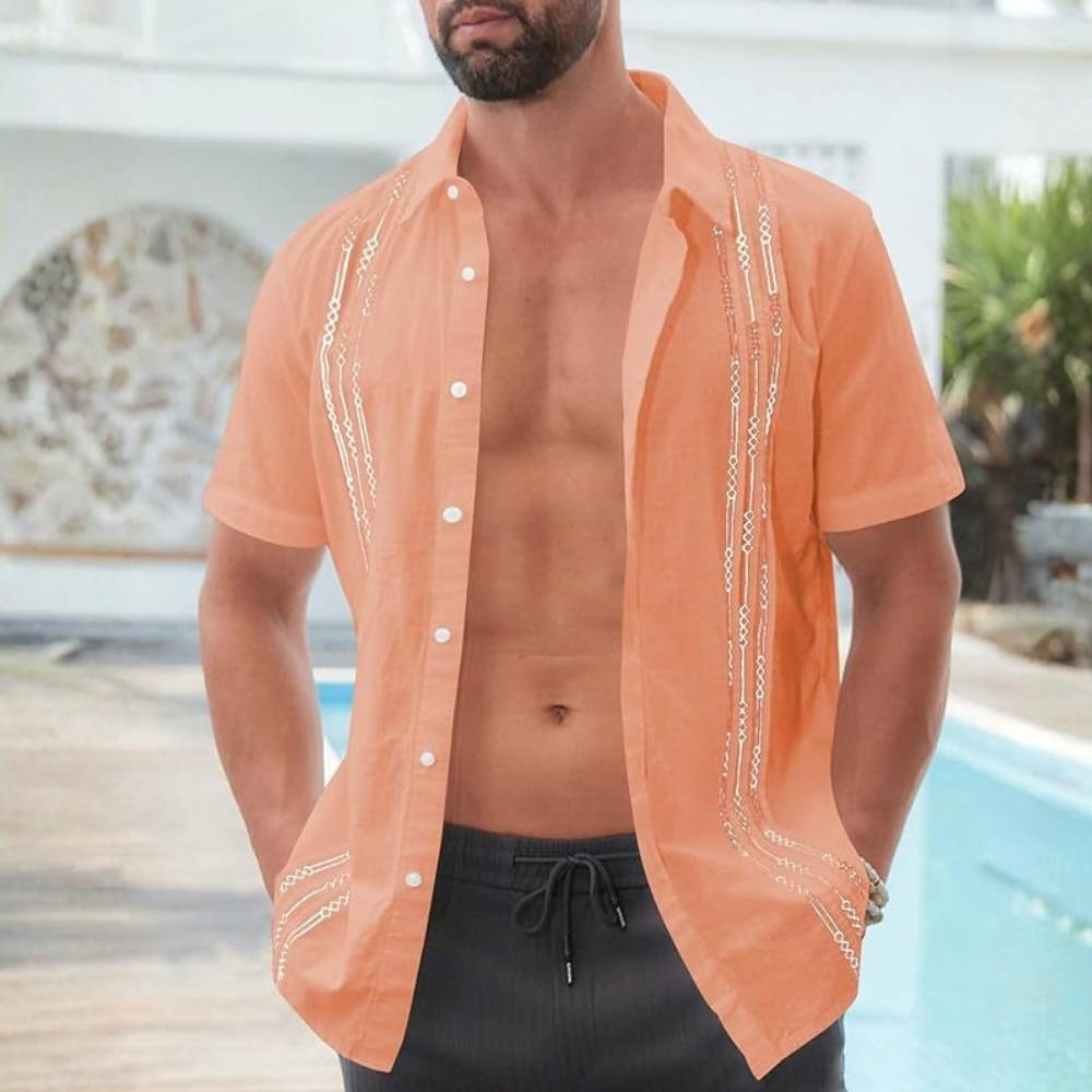 Casual Cuban Shirt With Short Sleeves And Guayabera Style For Men