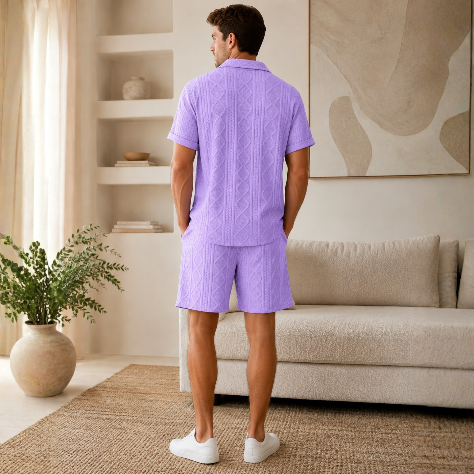 Waffle Knit Button Down Shirt And Shorts Set For Men