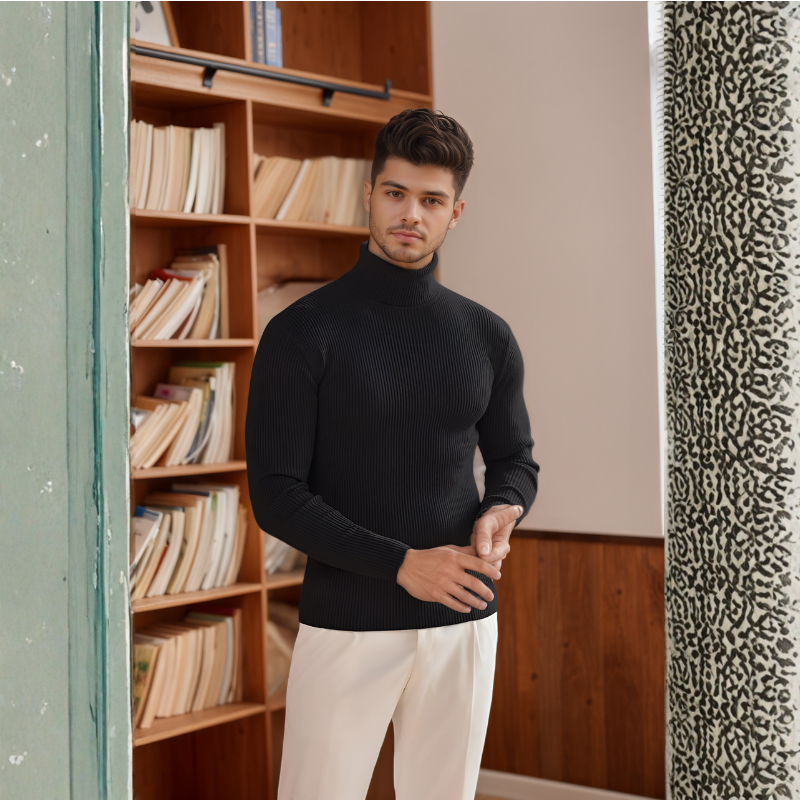 Mens Ribbed Slim Fit Knitted Pullover Casual Turtleneck Sweater