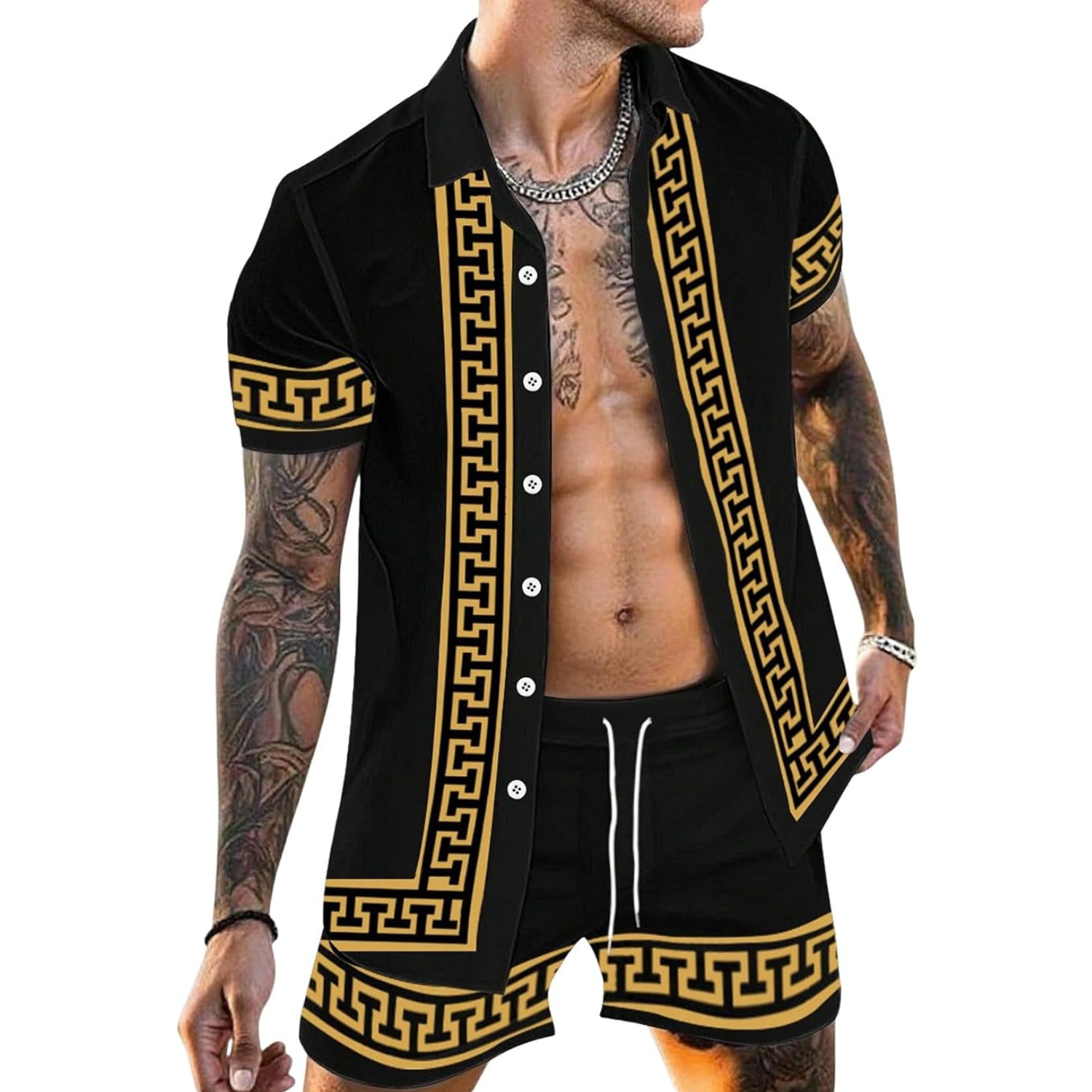 Short Sleeve Button Down Vacation Shirt and Drawstring Beach Short Set For Men