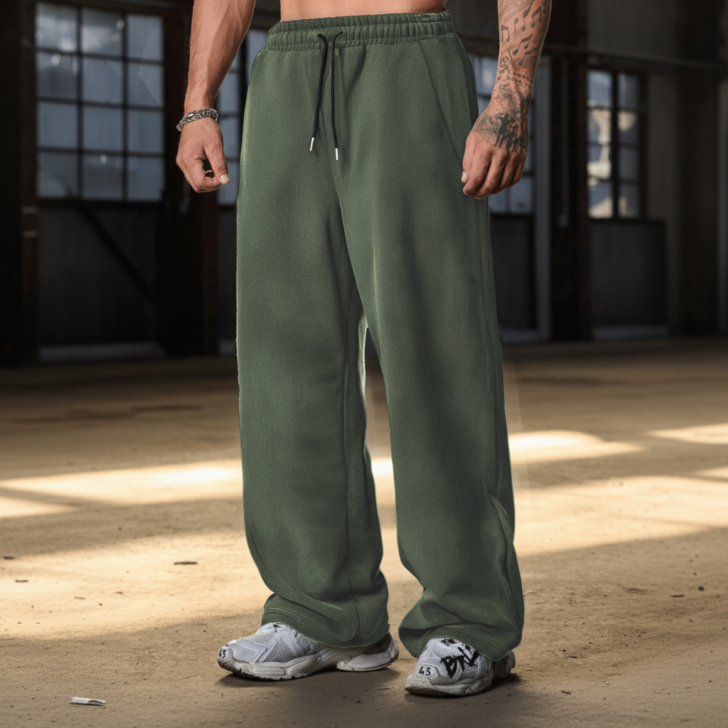 Solid Color Loose Fit Cotton Blend Straight Sweatpants