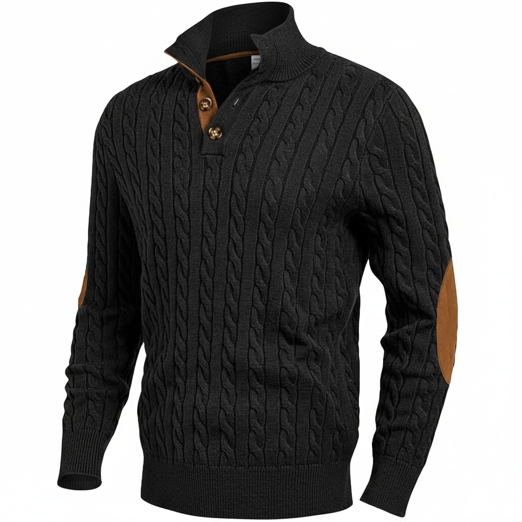 Cable Knit Stand Collar Button Pullover