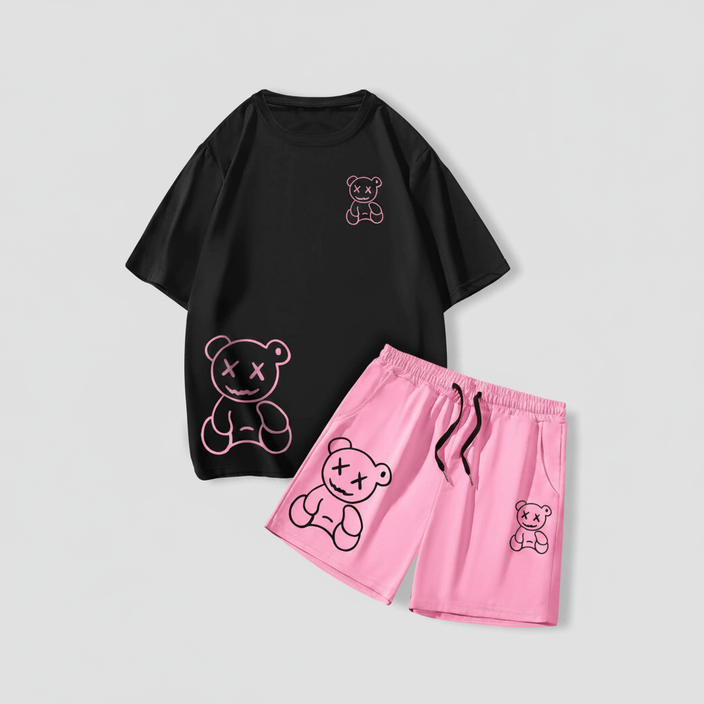 Cartoon Bear Printed Short Sleeve T Shirt And Drawstring Shorts Set For Men