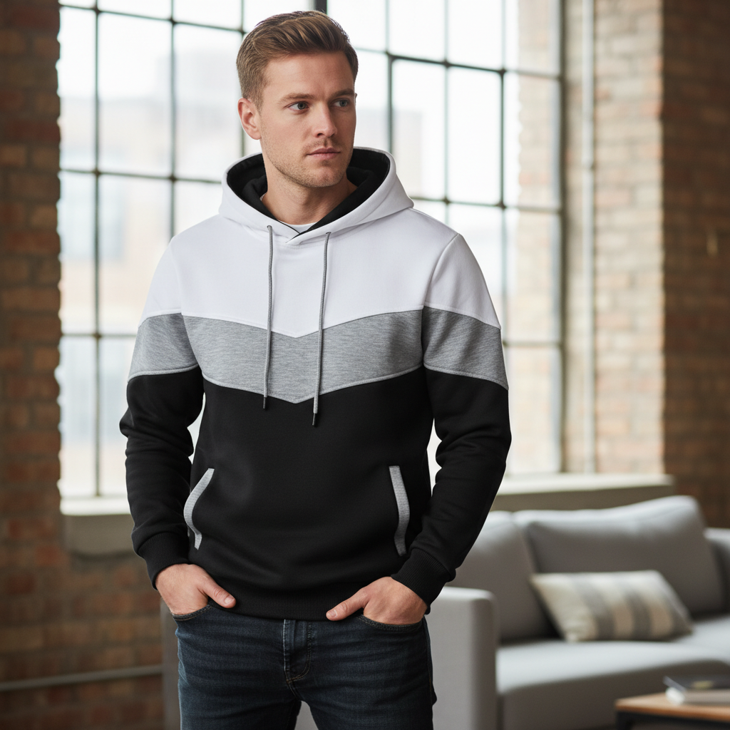  Men Novelty Color Block Pullover Fleece Hoodie Long Sleeve Casual Sweatshirt with Pocket