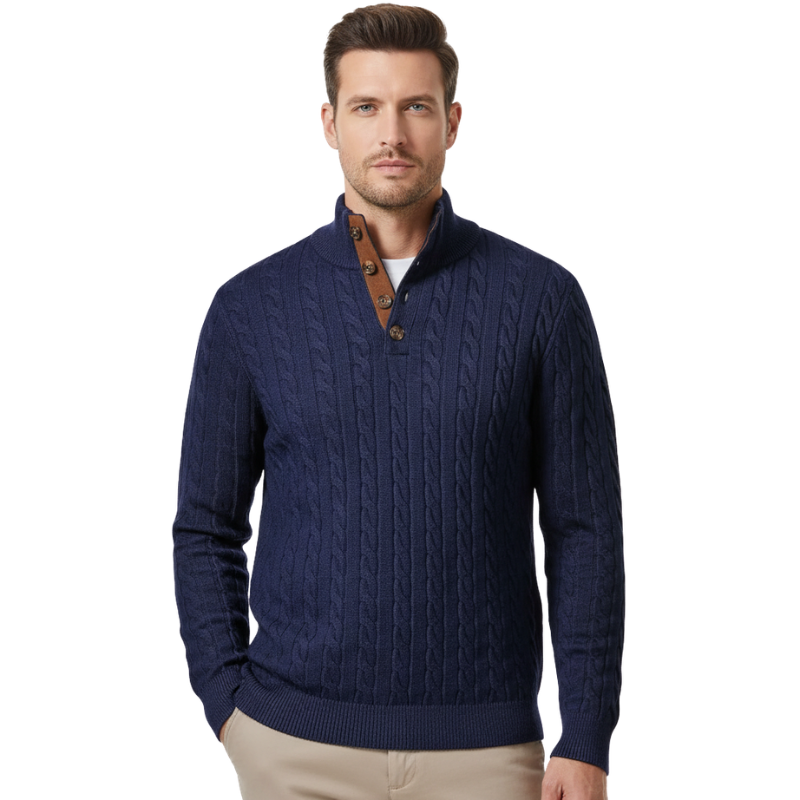 Cable Knit Stand Collar Button Pullover