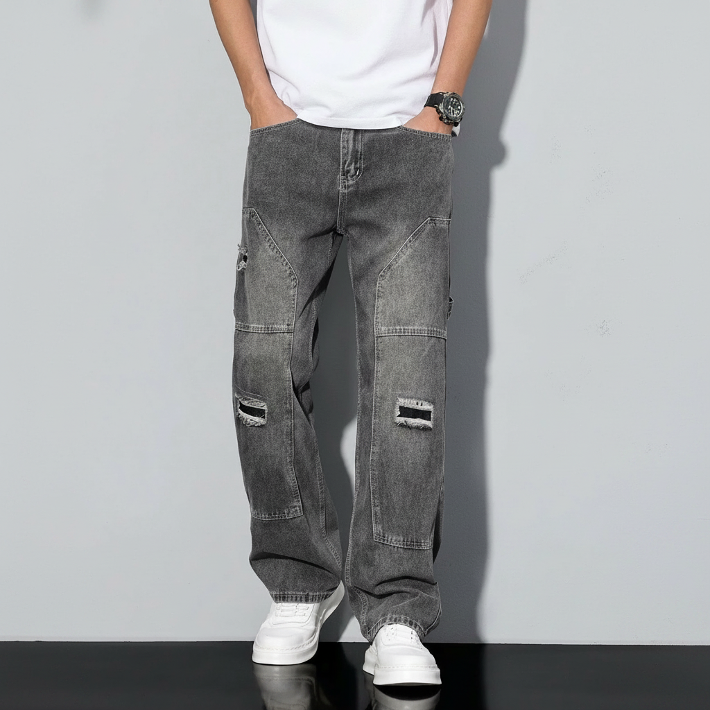 Simple Ripped Pocket Jeans Regular Fit Mid Rise For Men