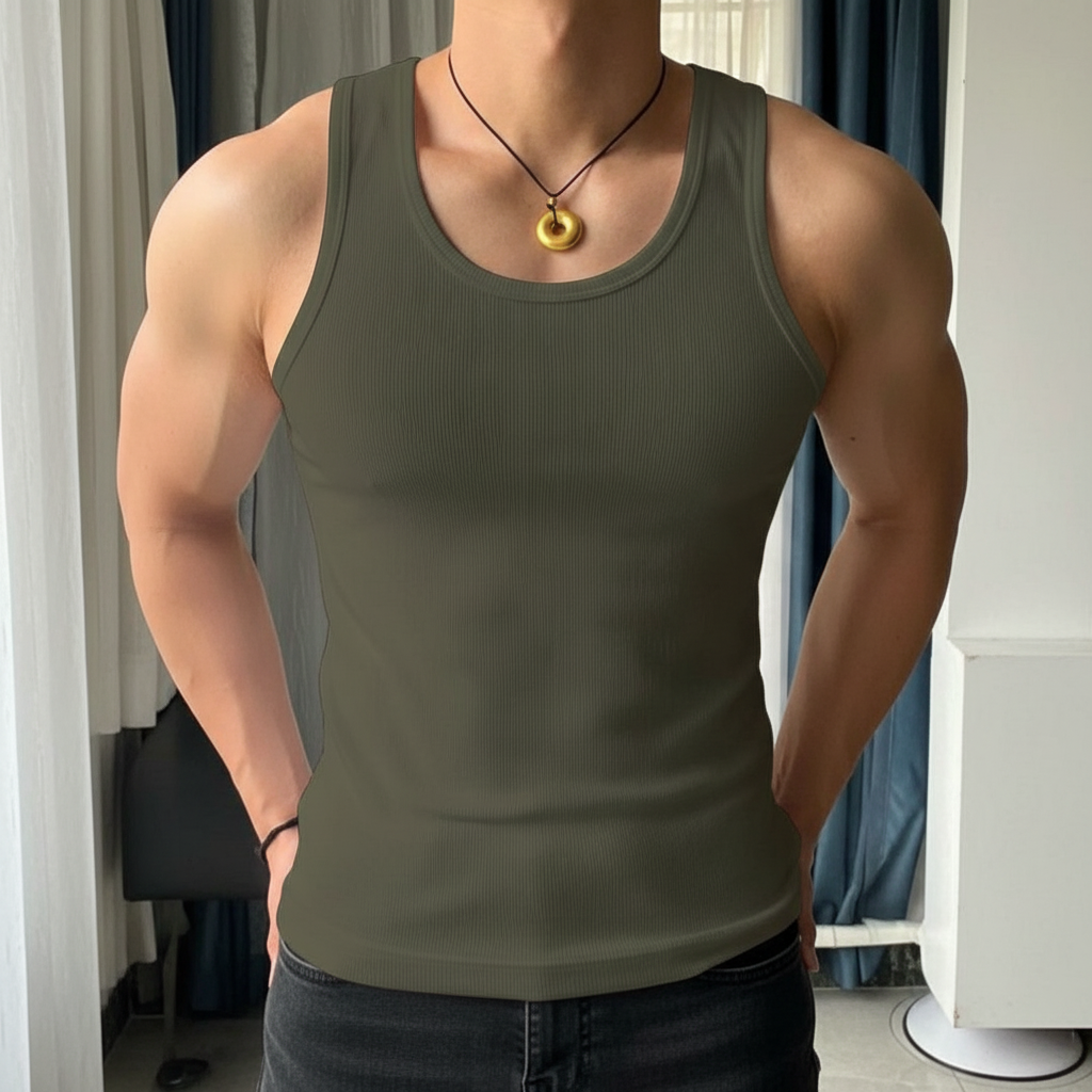 Solid Color Ribbed Round Casual Vest For Men