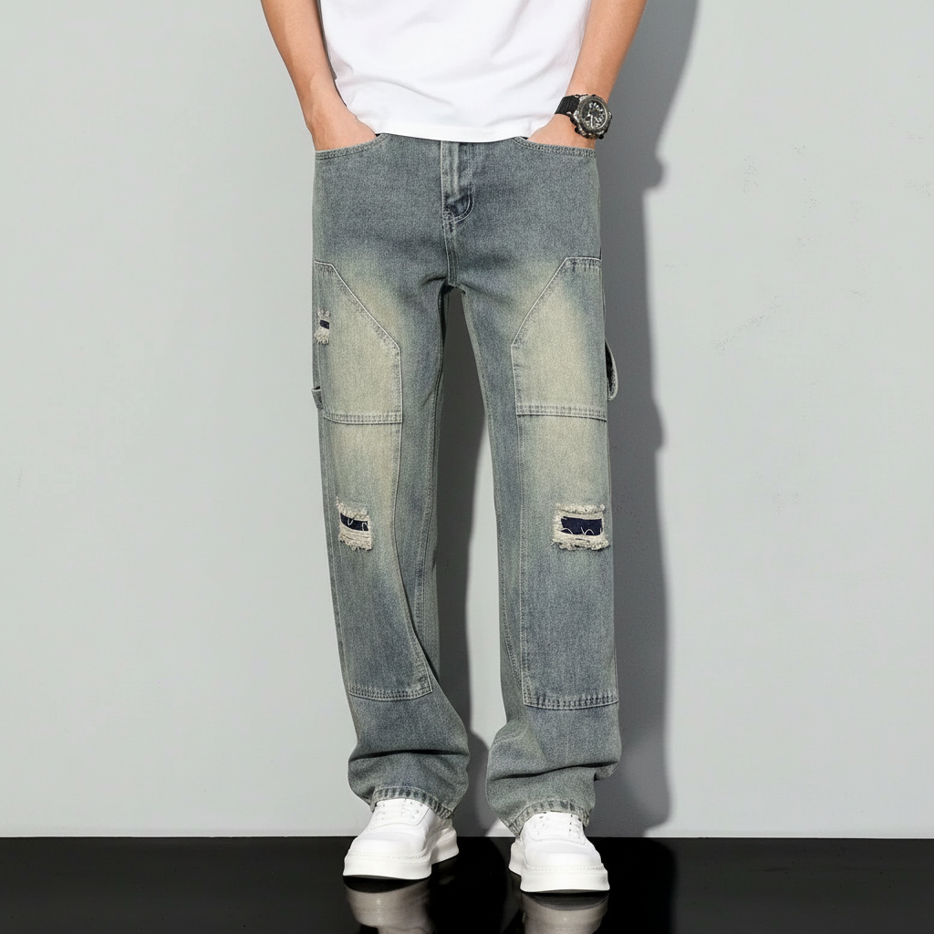Simple Ripped Pocket Jeans Regular Fit Mid Rise For Men