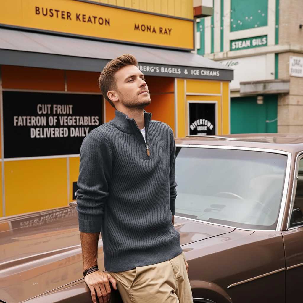 Mens Quarter Zip Pullover Sweaters Casual Slim Fit Knit Texture Sweater