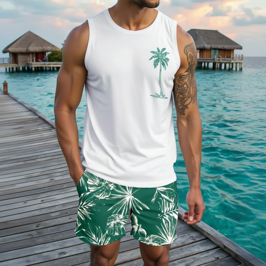 Tree Printed Tank Top And Shorts Set For Men