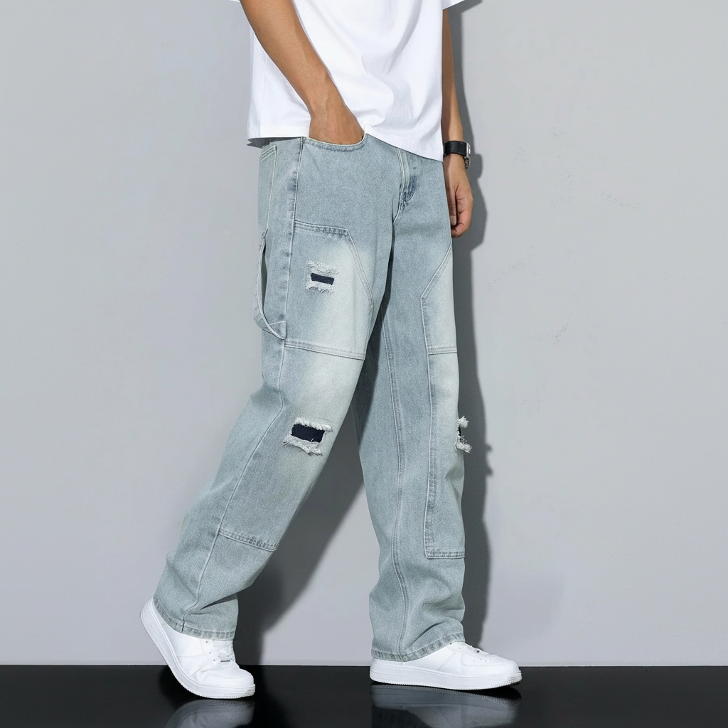 Simple Ripped Pocket Jeans Regular Fit Mid Rise For Men
