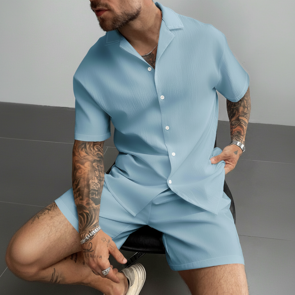 Solid Lightweight Linen Cuban Shirt And Drawstring Shorts Set For Men