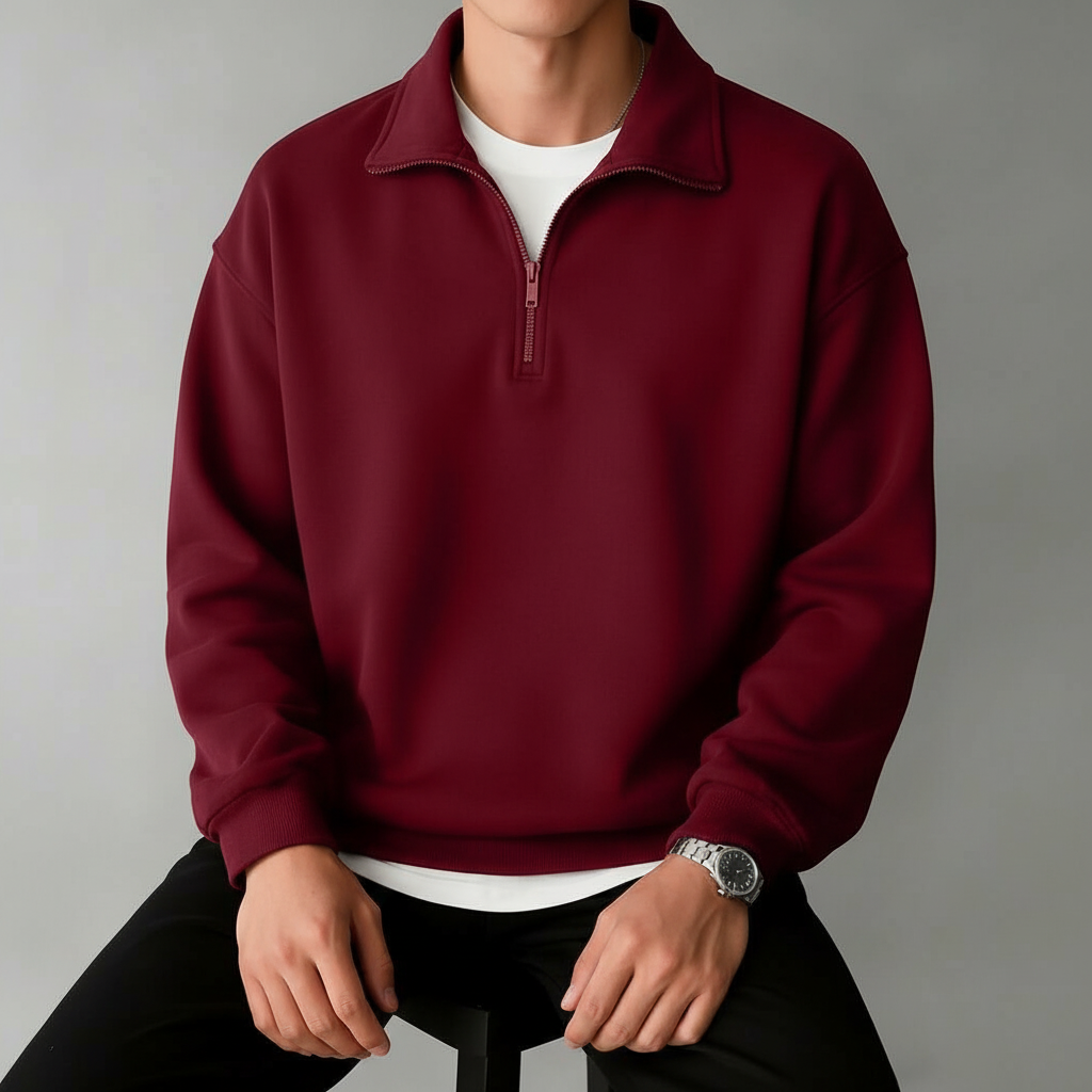 Stand Collar Zipper Half Placket Long Sleeve Sweatshirt For Men