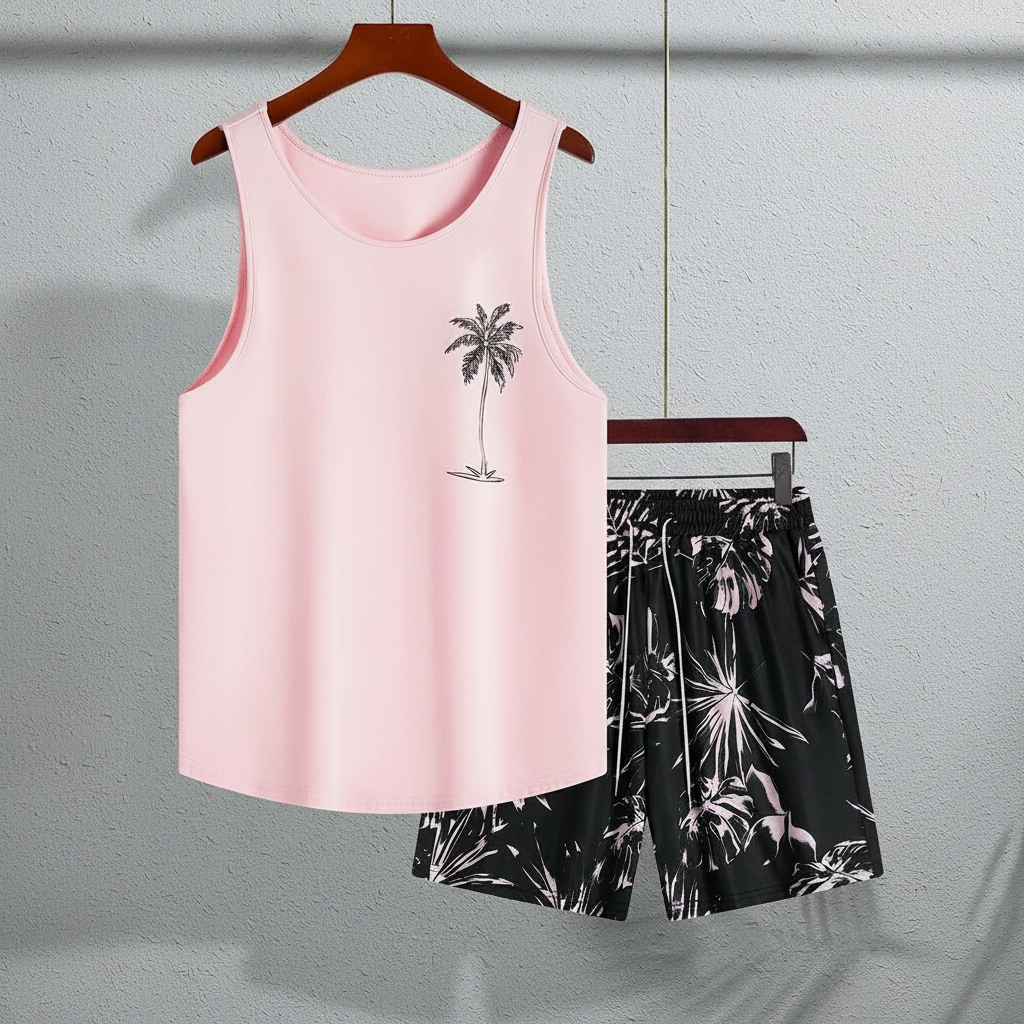 Tree Printed Tank Top And Shorts Set For Men