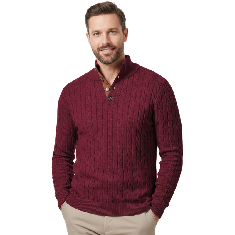 Cable Knit Stand Collar Button Pullover