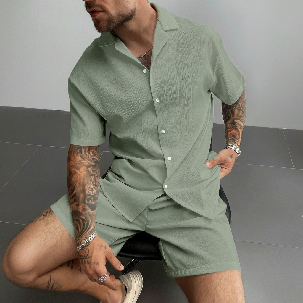 Solid Lightweight Linen Cuban Shirt And Drawstring Shorts Set For Men