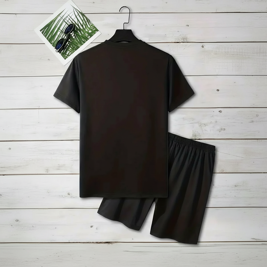 Printed Round Short Sleeve T Shirt And Drawstring Shorts