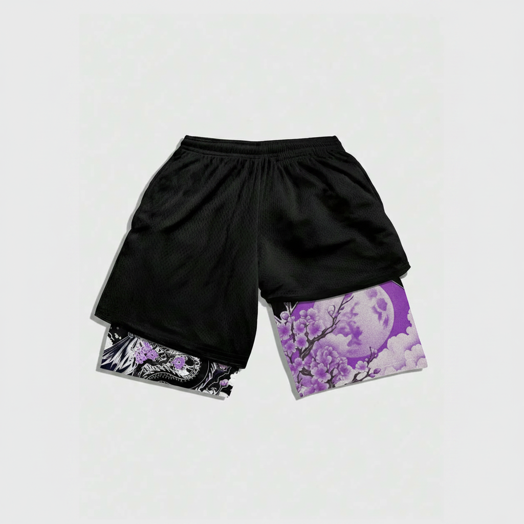 Anime Branch Print Drawstring Double Layer Casual Shorts