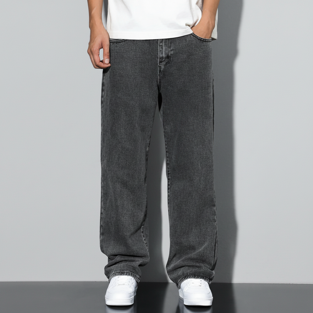 Loose Slant Pocket Washed Baggy Straight Jeans