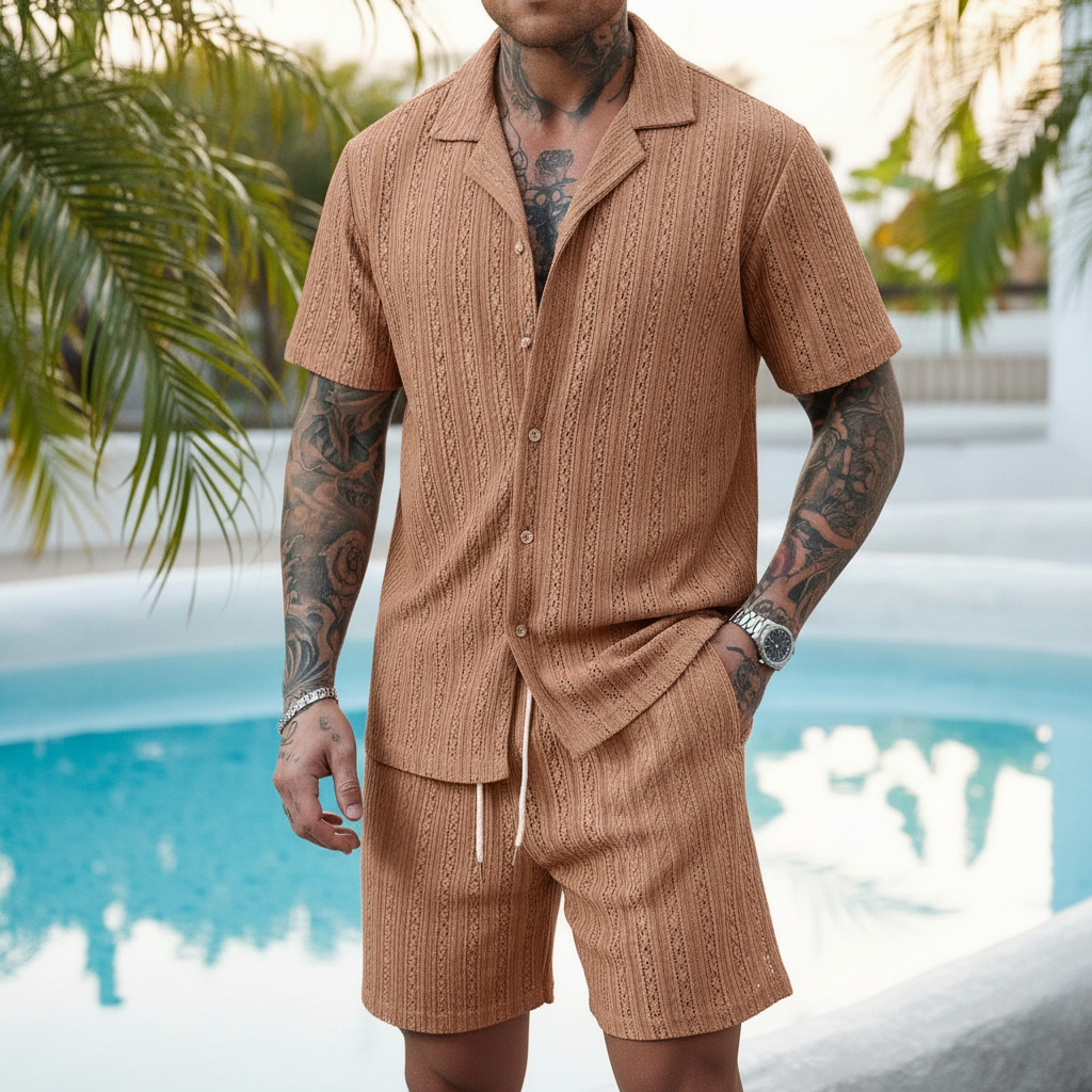 Short Sleeve Shirt And Drawstring Shorts Set For Men