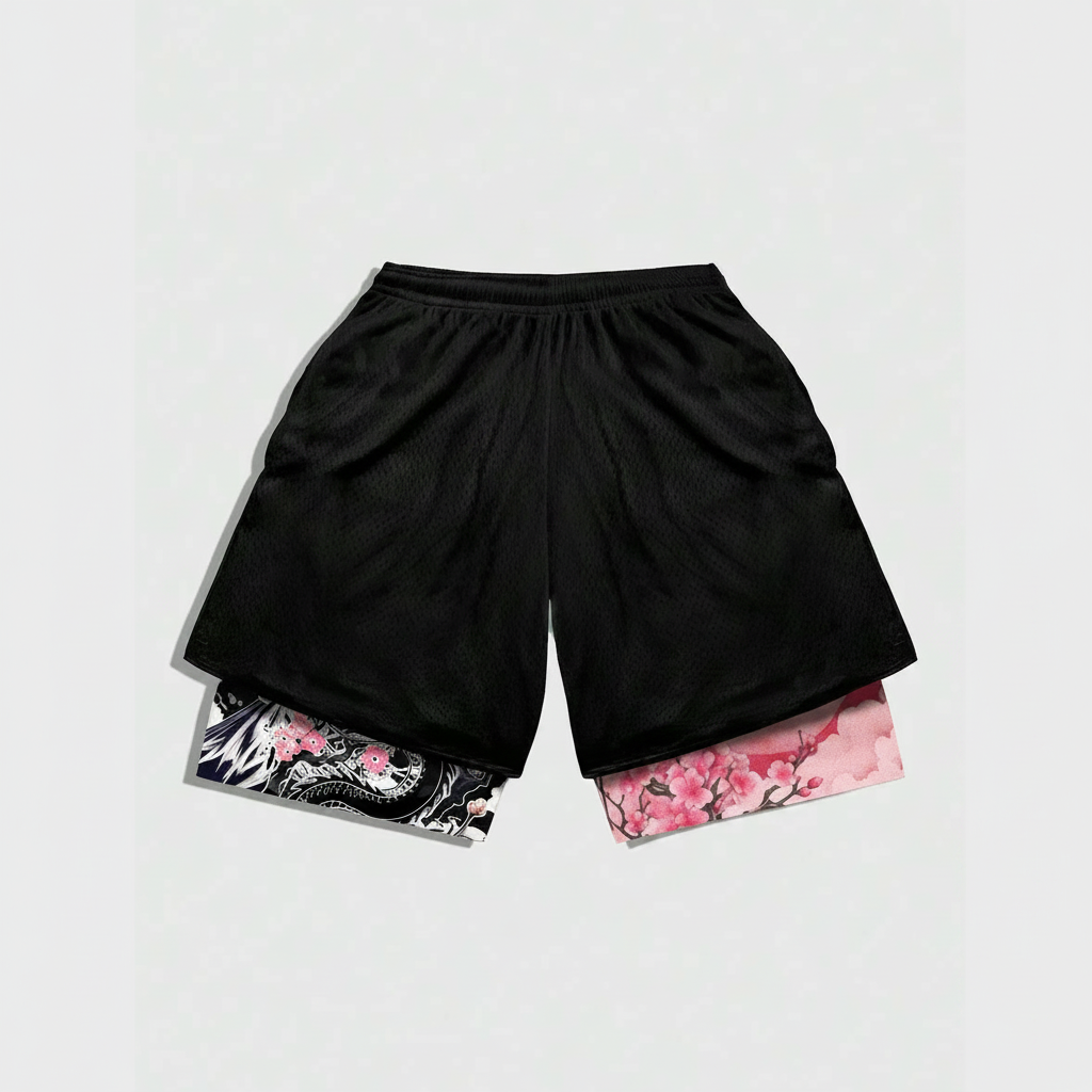 Anime Branch Print Drawstring Double Layer Casual Shorts