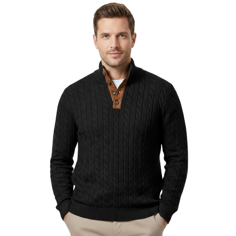 Cable Knit Stand Collar Button Pullover