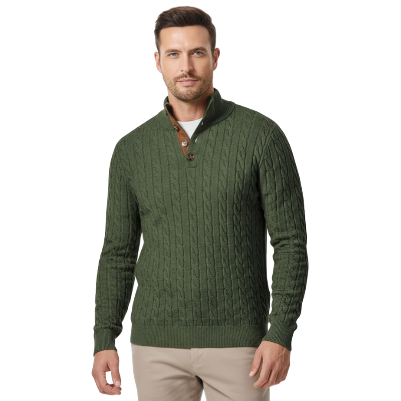 Cable Knit Stand Collar Button Pullover