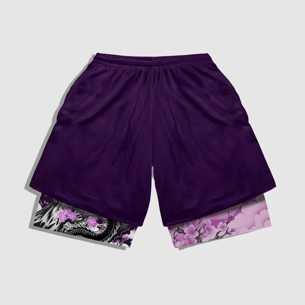 Anime Branch Print Drawstring Double Layer Casual Shorts