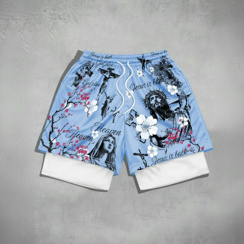 Anime Branch Print Drawstring Double Layer Casual Shorts