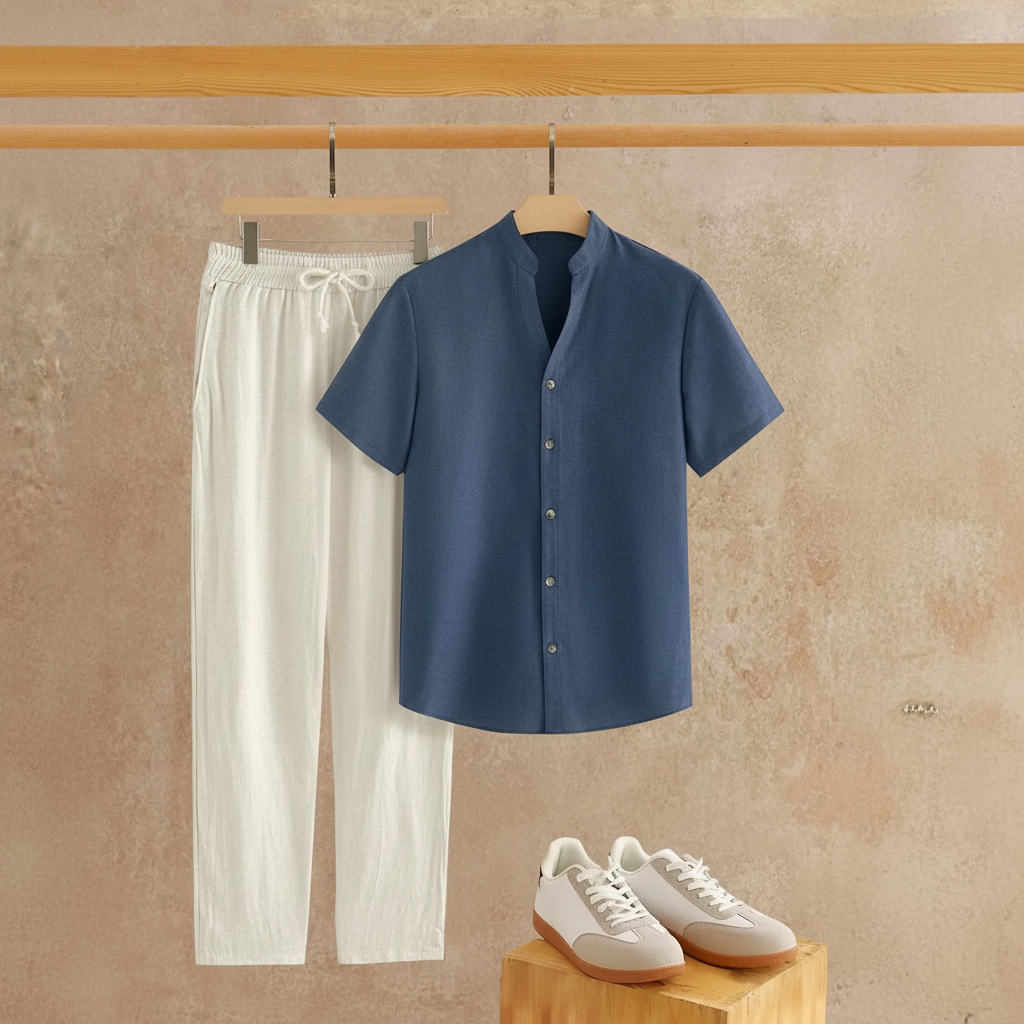 Solid Button Half Placket Short Sleeve Linen Shirt And Pants Set For Men