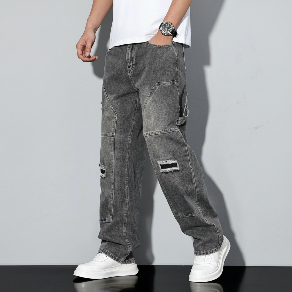 Simple Ripped Pocket Jeans Regular Fit Mid Rise For Men
