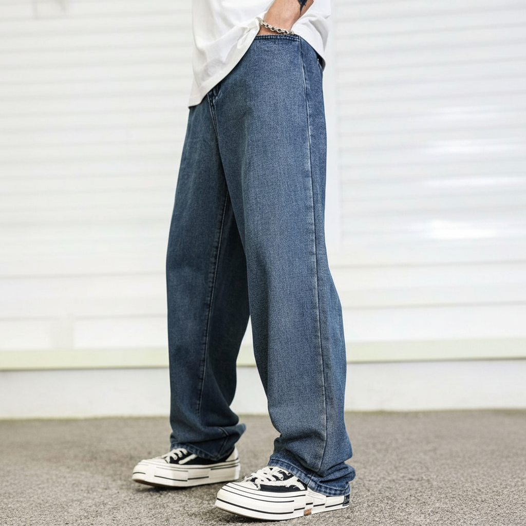 Loose Slant Pocket Washed Baggy Straight Jeans