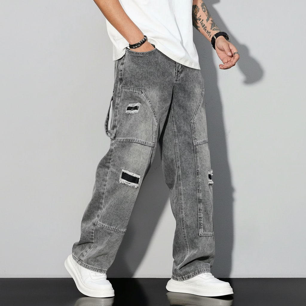 Simple Ripped Pocket Jeans Regular Fit Mid Rise For Men