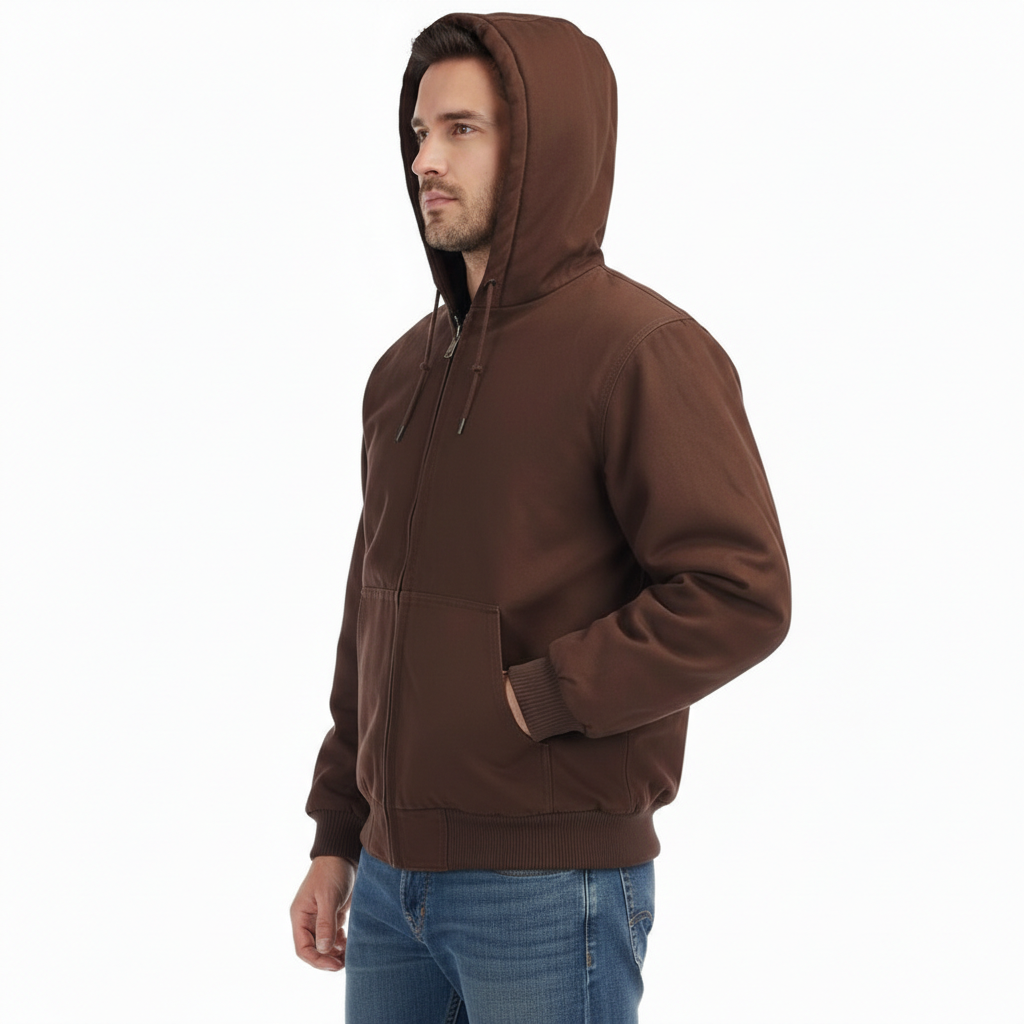 Men Loose Fit Quilted Flannel Lined Workwear Waterproof Active Jacket Hooded Work Coat 