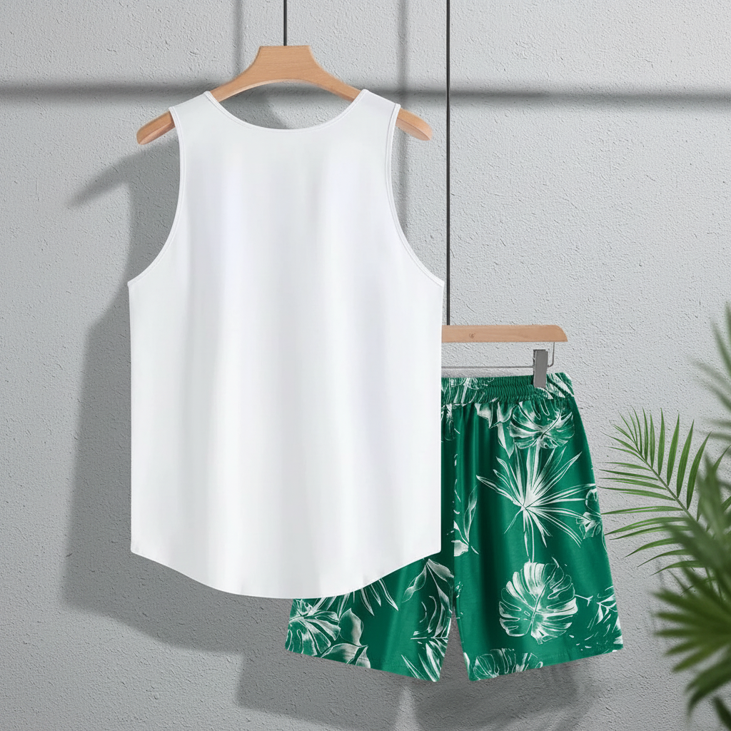 Tree Printed Tank Top And Shorts Set For Men