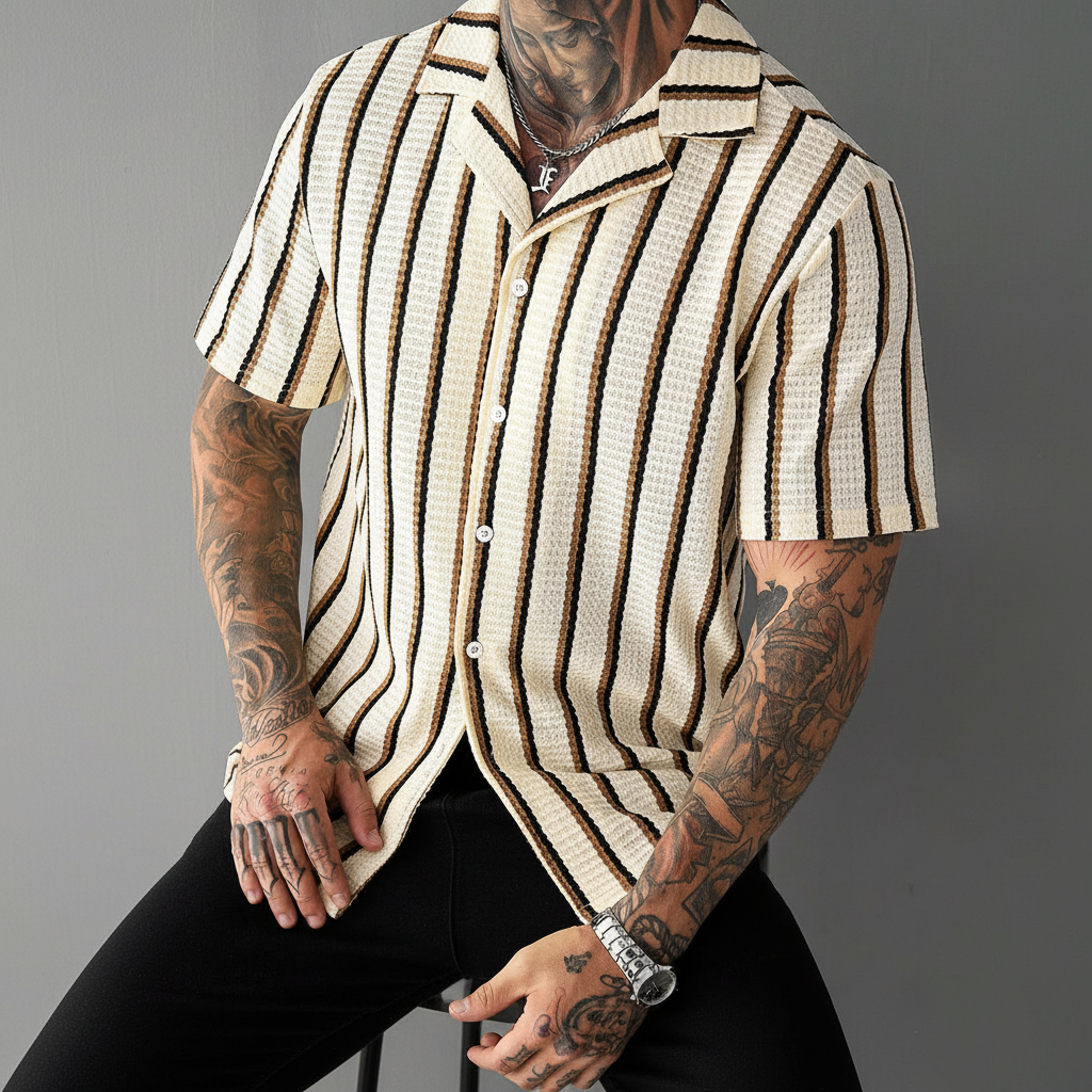 Striped Button Down Short Sleeve Loose Fit Shirt For Men