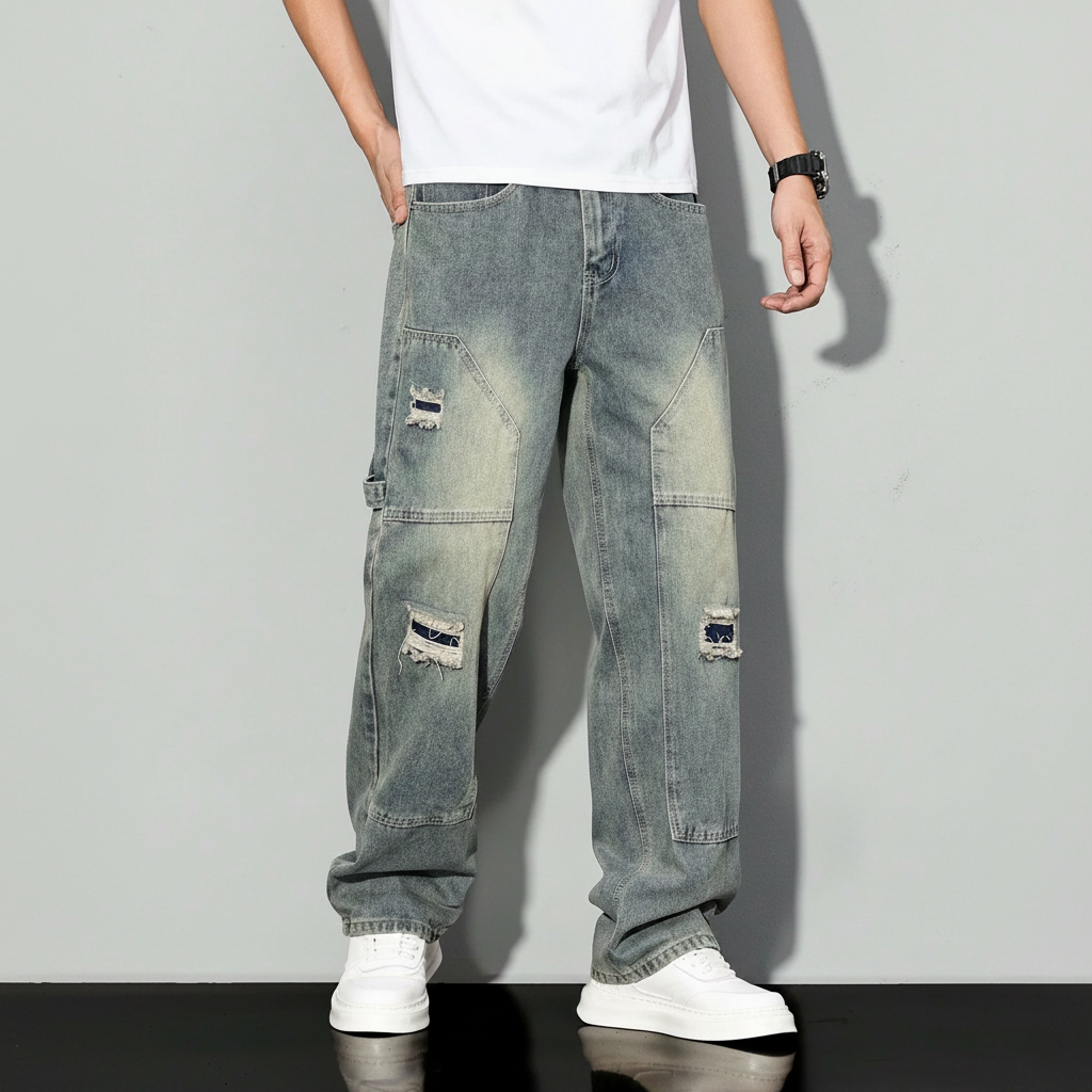 Simple Ripped Pocket Jeans Regular Fit Mid Rise For Men
