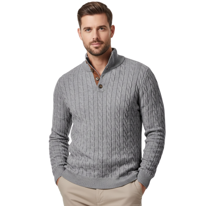 Cable Knit Stand Collar Button Pullover