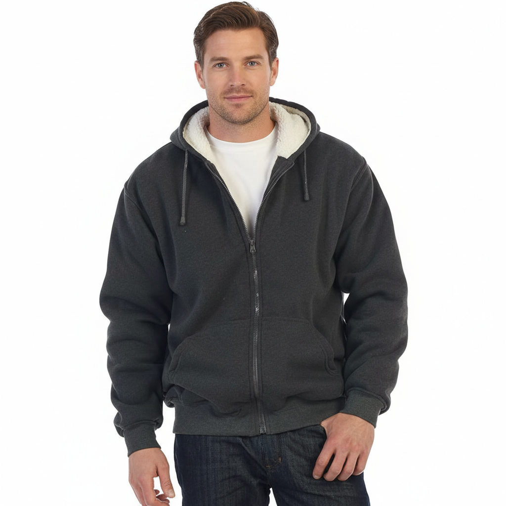 Men Soft Heavyweight Sherpa Lined Fleece Hoodie Jacket