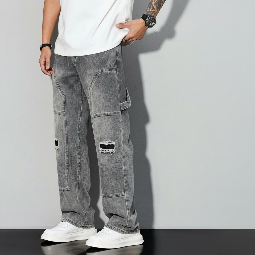 Simple Ripped Pocket Jeans Regular Fit Mid Rise For Men