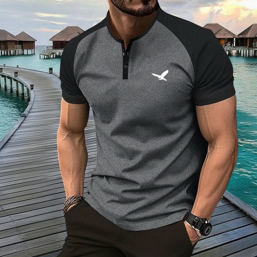 American Style Print Henley Short Sleeve T Shirt With Shorts For Men