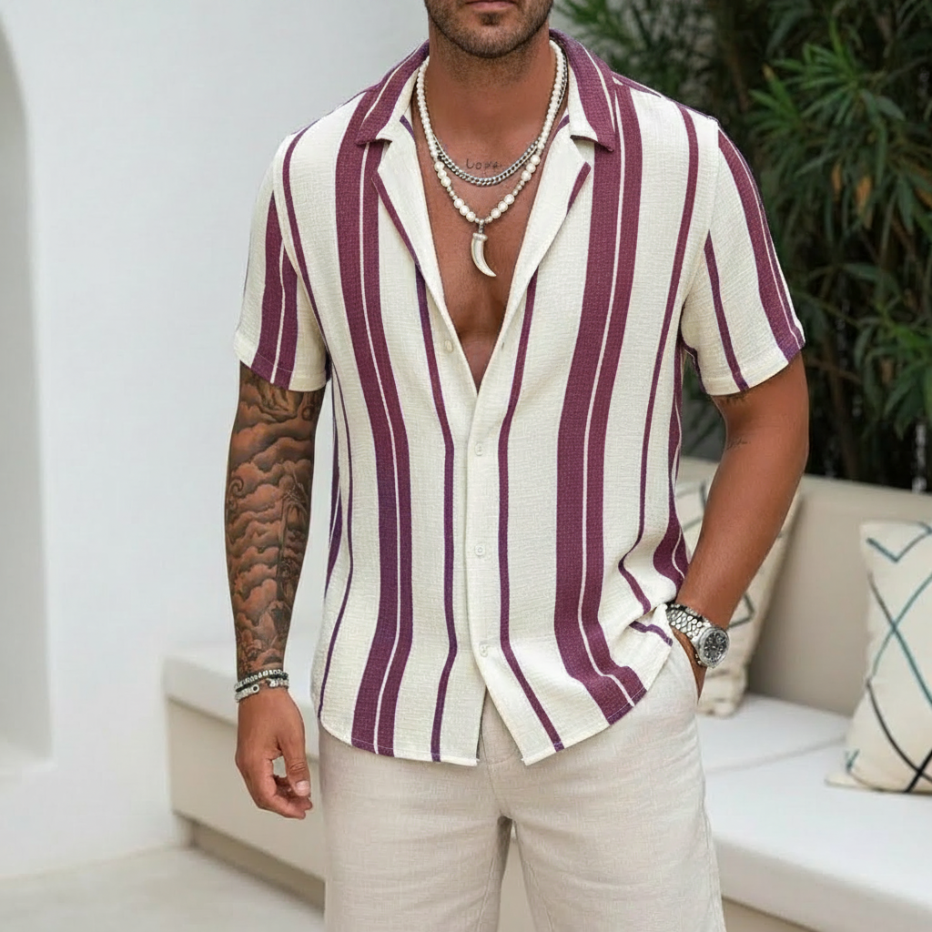 Colorblock Striped Short Sleeve Shirt Cotton Blend For Men