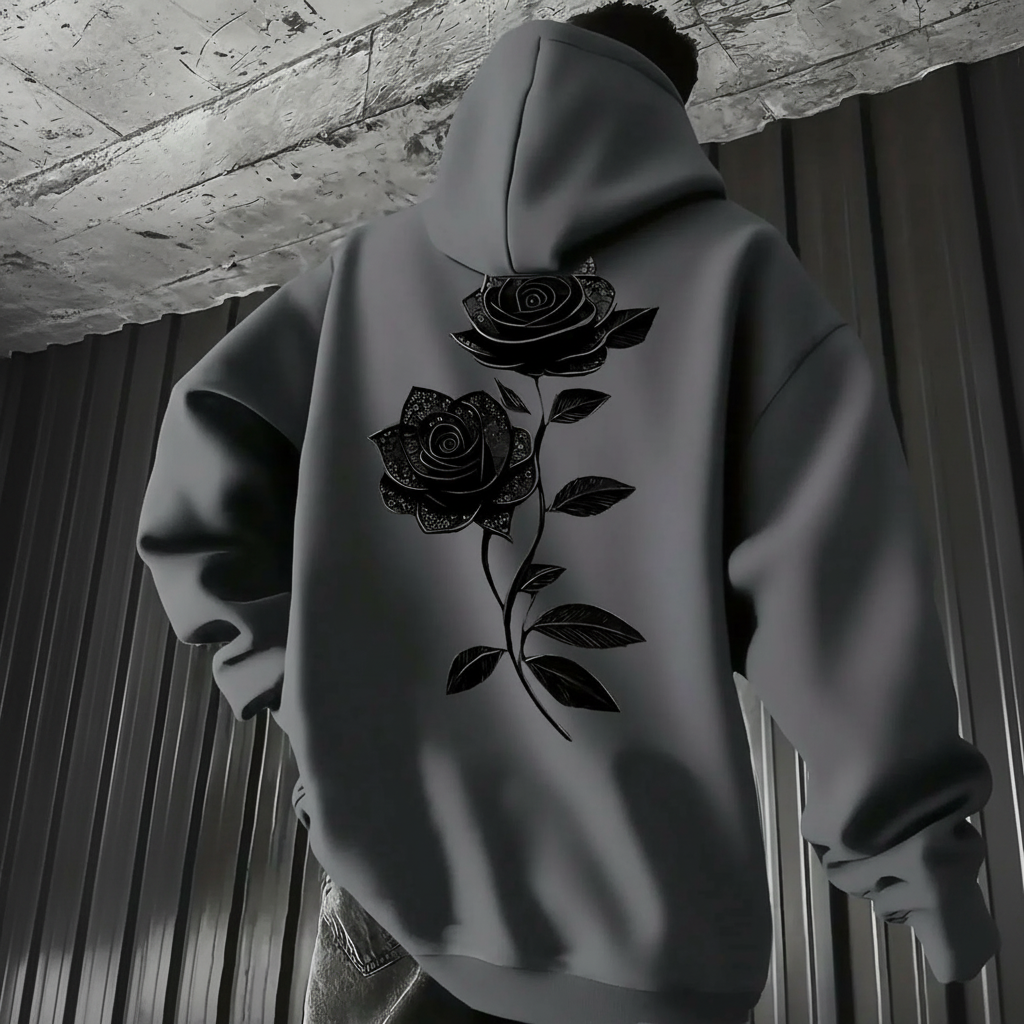 Rose Print Hoodie With Kangaroo Pocket For Men