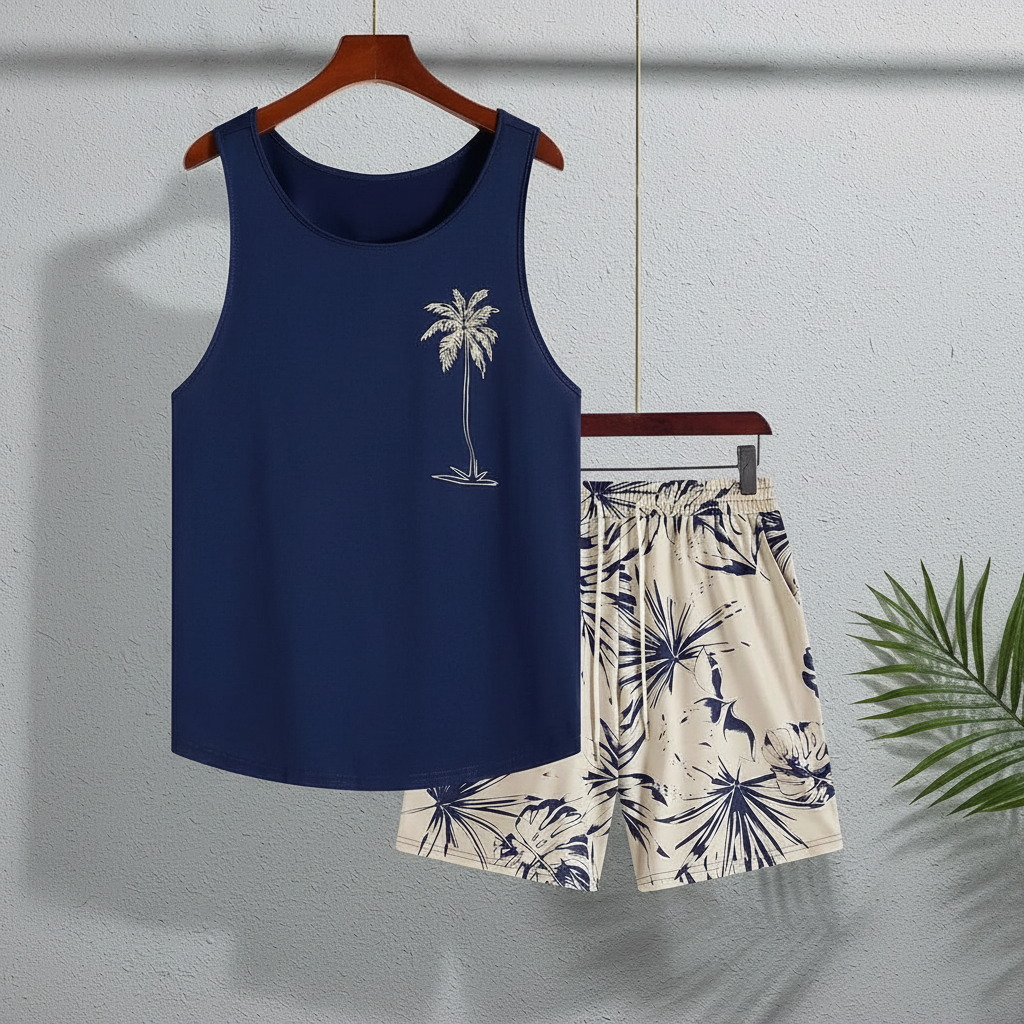 Tree Printed Tank Top And Shorts Set For Men
